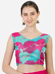 PUJIA MILLS Women Pink & Blue Digital Printed Banglori Silk Saree Blouse