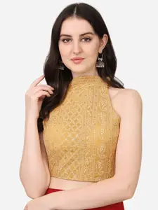 PUJIA MILLS Golden Solid Sifli Work Saree Blouse