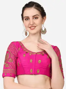 PUJIA MILLS Women Pink & Gold Embroidered Saree Blouse
