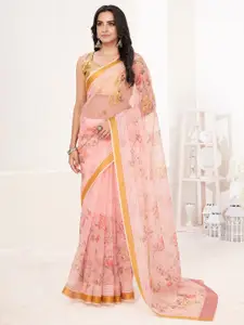 SHOPGARB Pink & Yellow Floral Zari Silk Cotton Saree