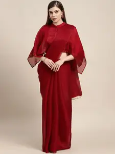 AVANSHEE Maroon Solid Tissue Saree With Blouse Piece
