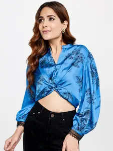 AND Blue Floral Print Mandarin Collar Twisted Shirt Style Crop Top