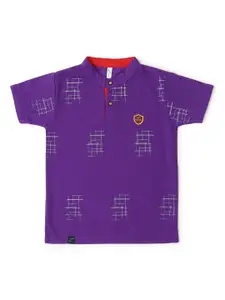 earth conscious Boys Purple Typography Henley Neck Applique T-shirt
