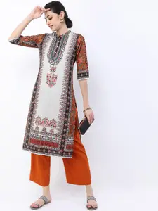 Vishudh Women Beige Ethnic Motifs Printed Keyhole Neck Kurta