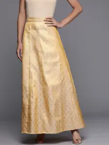 Libas Golden Ethnic Motifs Brocade Panelled Maxi Flared Skirt