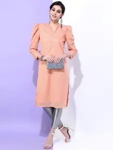 Vishudh Women Orange & Silver-Toned Ethnic Motifs Printed Kurta