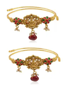 Sanjog Set of 2 Red Gold-Plated Kundan Temple Armlet Bracelet