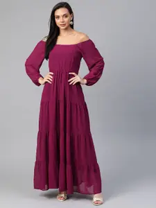 Cottinfab Purple Off-Shoulder Georgette Ethnic Maxi Dress