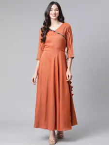 Cottinfab Women Orange Solid Lace Detail Angrakha Ethnic Maxi Dress