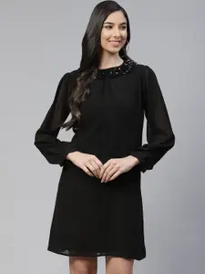 Cottinfab Women Black Sequins Embellished Georgette A-Line Dress