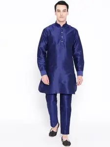 SG LEMAN Men Blue Solid Raw Silk Kurta with Trousers