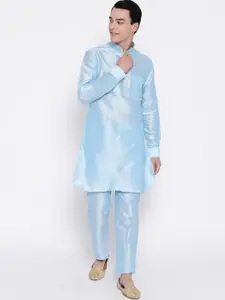 SG LEMAN Men Turquoise Blue Raw Silk Kurta with Trousers