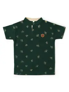 earth conscious Boys Olive Green Printed Mandarin Collar T-shirt