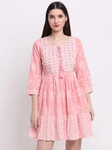 KALINI Peach-Coloured & White Ethnic Motifs Ethnic Dress