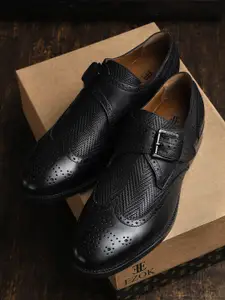 EZOK Men Black Textured Formal Monk Shoes
