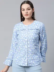 Ayaany Blue & White Print Ruffles Cotton Top