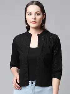 Ayaany Women Black Embroidered Front Open Shrug