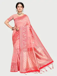 Rekha Maniyar Rose & Silver-Toned Woven Design Zari Silk Blend Banarasi Saree