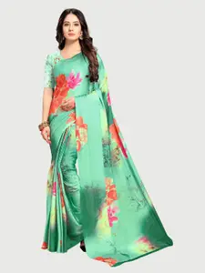 Rekha Maniyar Women Teal & Red Floral Satin Saree