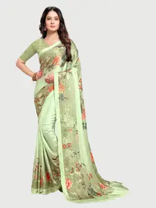 Rekha Maniyar Lime Green & Orange Floral Satin Saree
