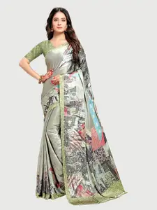 Rekha Maniyar Grey & Green Floral Satin Saree