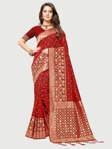 Rekha Maniyar Red & Gold-Toned Floral Zari Silk Blend Mysore Silk Saree