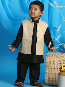 VASTRAMAY Boys Black Solid Kurta With Salwar And Nehru Jacket