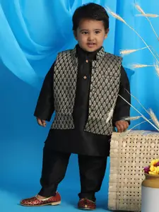 VASTRAMAY Boys Black Kurta with Pyjamas & Nehru Jacket