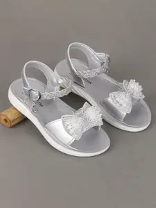 FEETWELL SHOES Girls Silver-Toned Embellished Open Toe Flats with Bows Applique