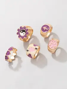 Yellow Chimes Women Set Of 5 Gold-Plated & Purple Enameled Finger Ring