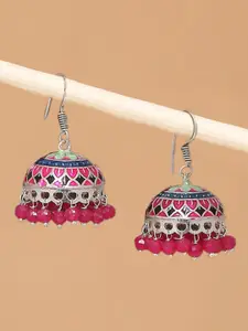 OOMPH Silver-Toned & Pink Meenakari Dome Shaped Jhumkas Earrings