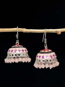 OOMPH Peach-Coloured & Silver-Toned Oxidised Dome Shaped Jhumkas Earrings