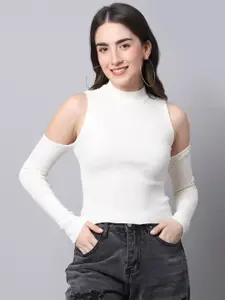 TAG 7 Women White Solid Cold-Shoulder Sleeves Winter Top