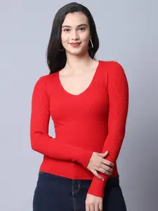 TAG 7 Women Red Solid V-Neck Winter Top