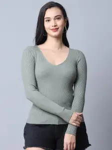 TAG 7 Women Green Solid Fitted Winter Top