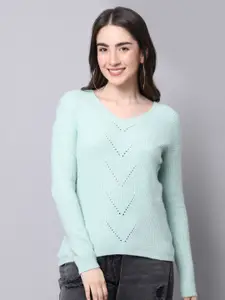 TAG 7 Women Green Solid V Neck Knitted Winter Top