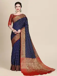 MS RETAIL Navy Blue & Red Woven Design Zari Silk Blend Banarasi Saree