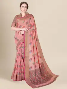 MS RETAIL Pink & Gold-Toned Ethnic Motifs Zari Pure Cotton Chanderi Saree