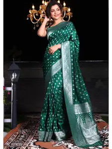 Charukriti Green & Silver-Toned Woven Design Zari Brocade Saree