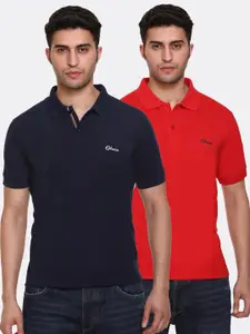 Obaan Pack of 2 Men Red & Navy Blue Solid Cotton Polo Collar T-shirt