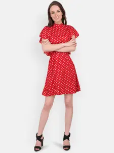 MARC LOUIS Red Polka Dot Printed Crepe Dress