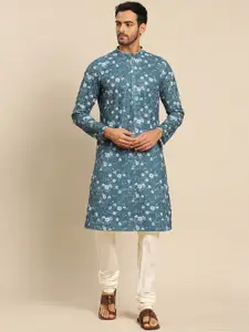 KISAH Men Blue Self Design Kurta with Churidar