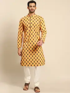 KISAH Men Yellow Paisley Printed Kurta with Churidar