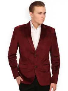 Wintage Maroon Single-Breasted Cotton Velvet Tailored Fit Party Blazer