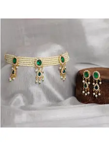 Sanjog Women White & Green Gold-Plated Stone-Studded & Beaded Choker Necklace Set