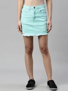 ZHEIA Women Turquoise Blue Straight Mini Skirt