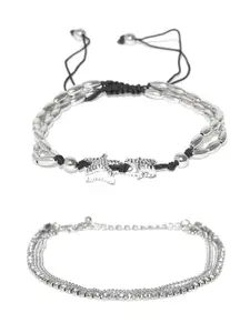 OOMPH Set of 2 Silver-Toned & White Stone Studded Anklet