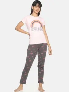 Kryptic Women Pink & Grey Printed Pure Cotton Night suit