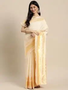 Satrani Women Off White & Gold-Toned Woven Design Zari Kasavu Saree