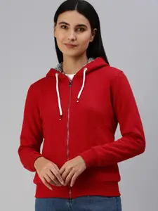ADBUCKS Women Red Solid Hooded Pure Cotton Sweatshirt